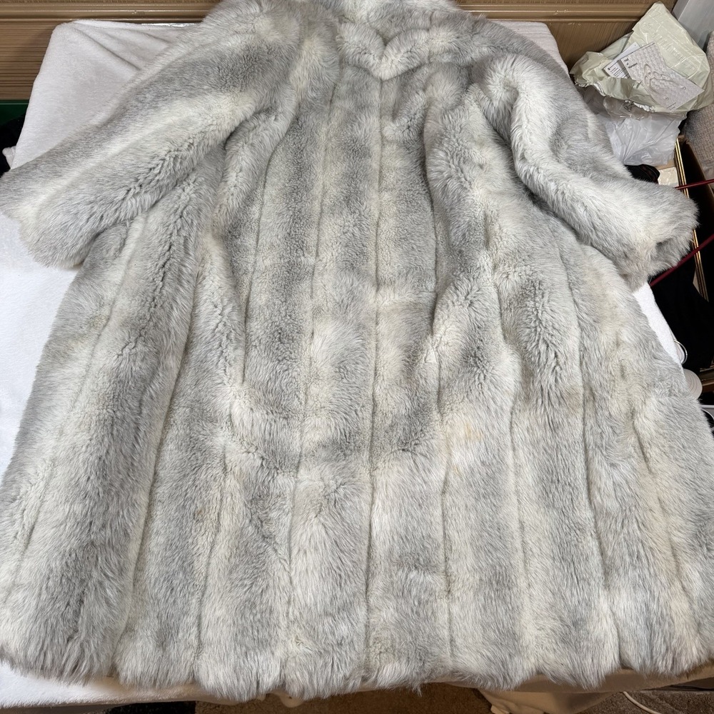 Vintage 70s 80s Faux Fur Coat Long Striped Gray Silver ILGWU Union Made M L - Picture 3 of 13